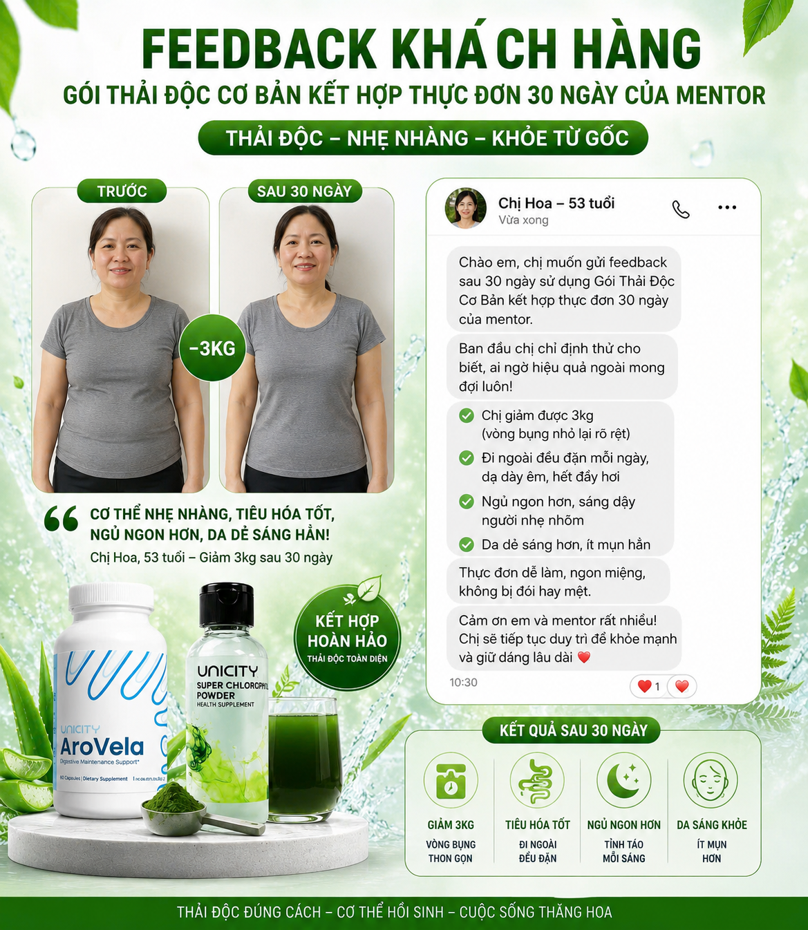 Feedback khách hàng Chị Hoa sau 30 ngày với cải thiện tiêu hóa và giấc ngủ