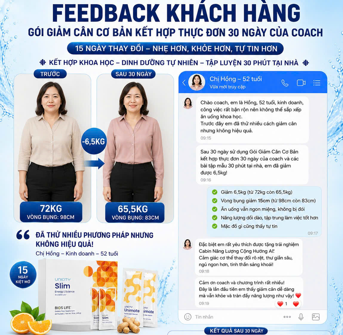 Feedback khách hàng Chị Hồng 52 tuổi giảm 6.5kg sau 30 ngày với gói giảm cân cơ bản