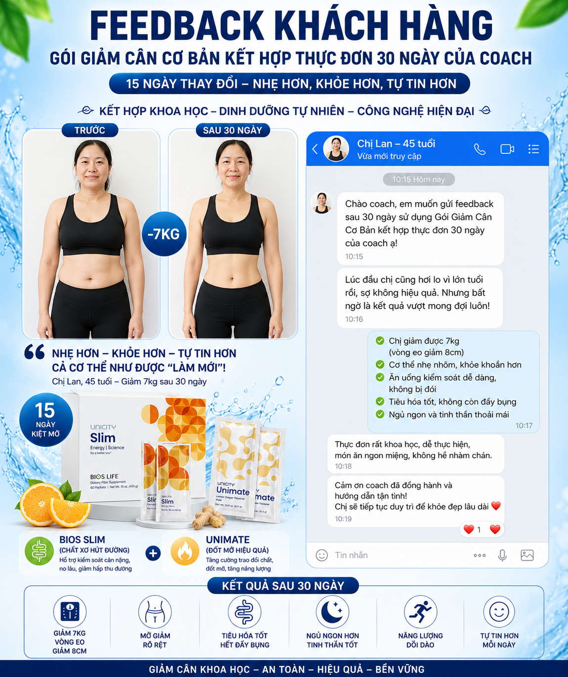 Feedback khách hàng Chị Lan với kết quả giảm 7kg sau 30 ngày